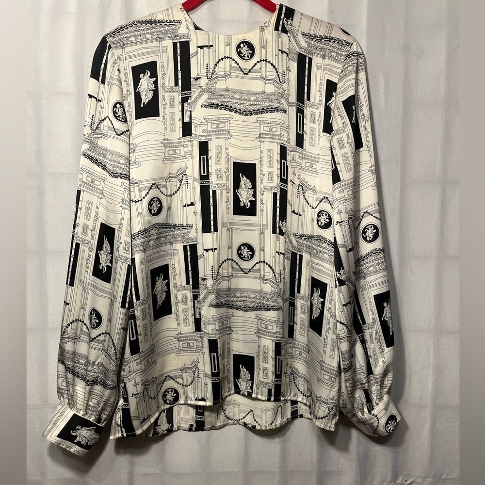 Howard Wolf Vintage Black & White Newspaper Designs & Greek Detailed Blouse
